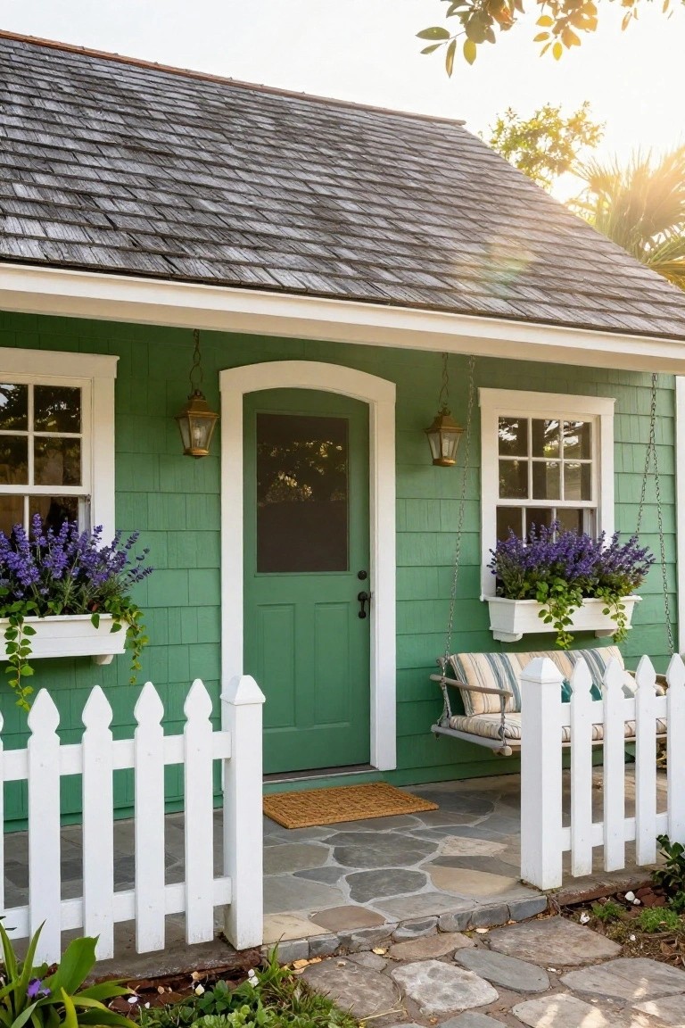 Green shingle-sided cottage exterior with white trim, arched green door, purple lavender in white window boxes, hanging lanterns, porch swing, white picket fence, and stone path.