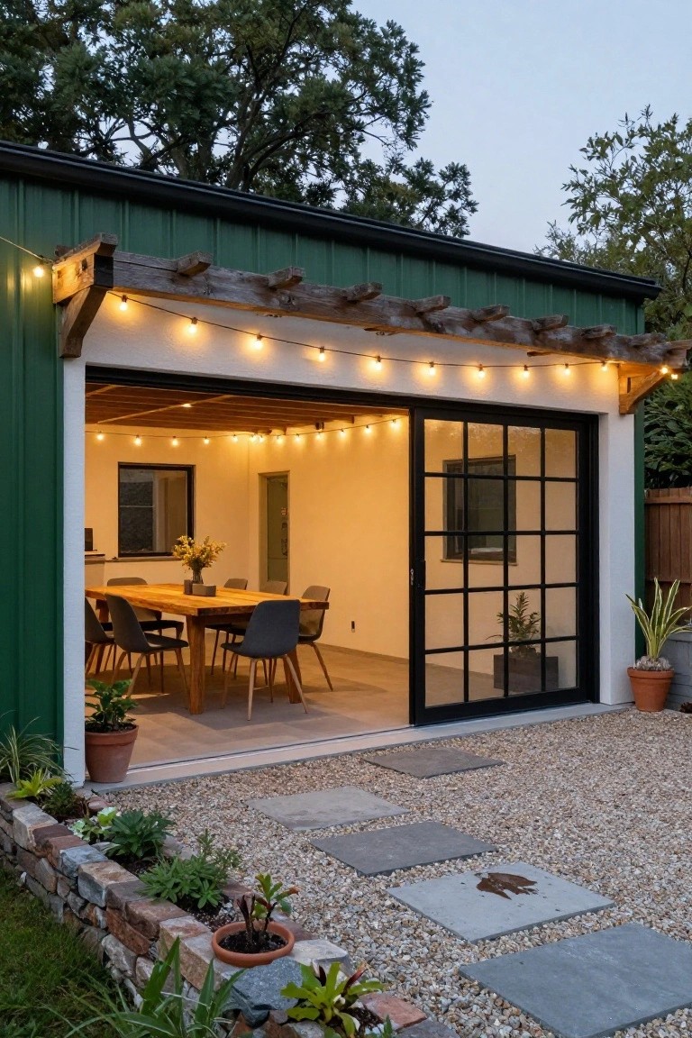 Jungle green metal-sided garage with open black-framed sliding glass doors showing interior wooden dining table with gray chairs, wooden beam pergola with string lights overhead, gravel patio with paver path and stone-edged plant beds in front.