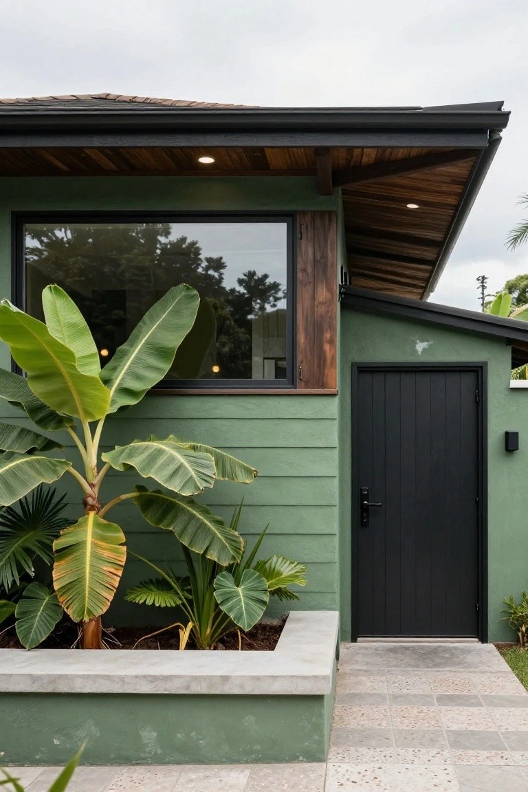 Side exterior of a house featuring green shiplap siding, wooden roof overhang and window frame, large glass window, black paneled door, and tropical plants including banana tree in a concrete bed next to a tiled path.