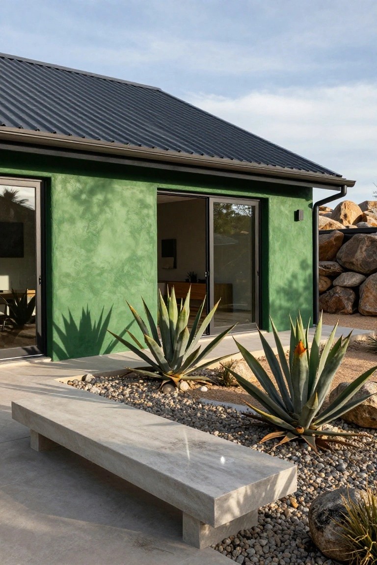 Green stucco house exterior with sliding glass doors, dark metal roof, concrete bench, agave plants, gravel ground cover, and large rocks in a desert landscape.