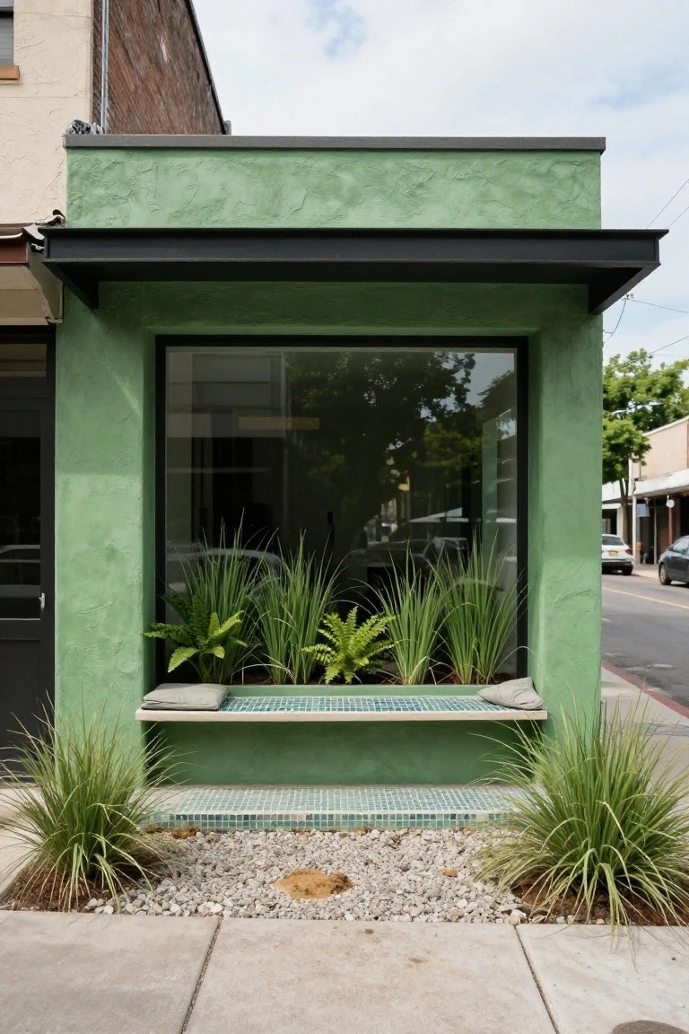 Compact green stucco building facade with black metal awning, large glass window displaying ferns and grasses, tiled bench below the window, and potted grasses in gravel bed on sidewalk.