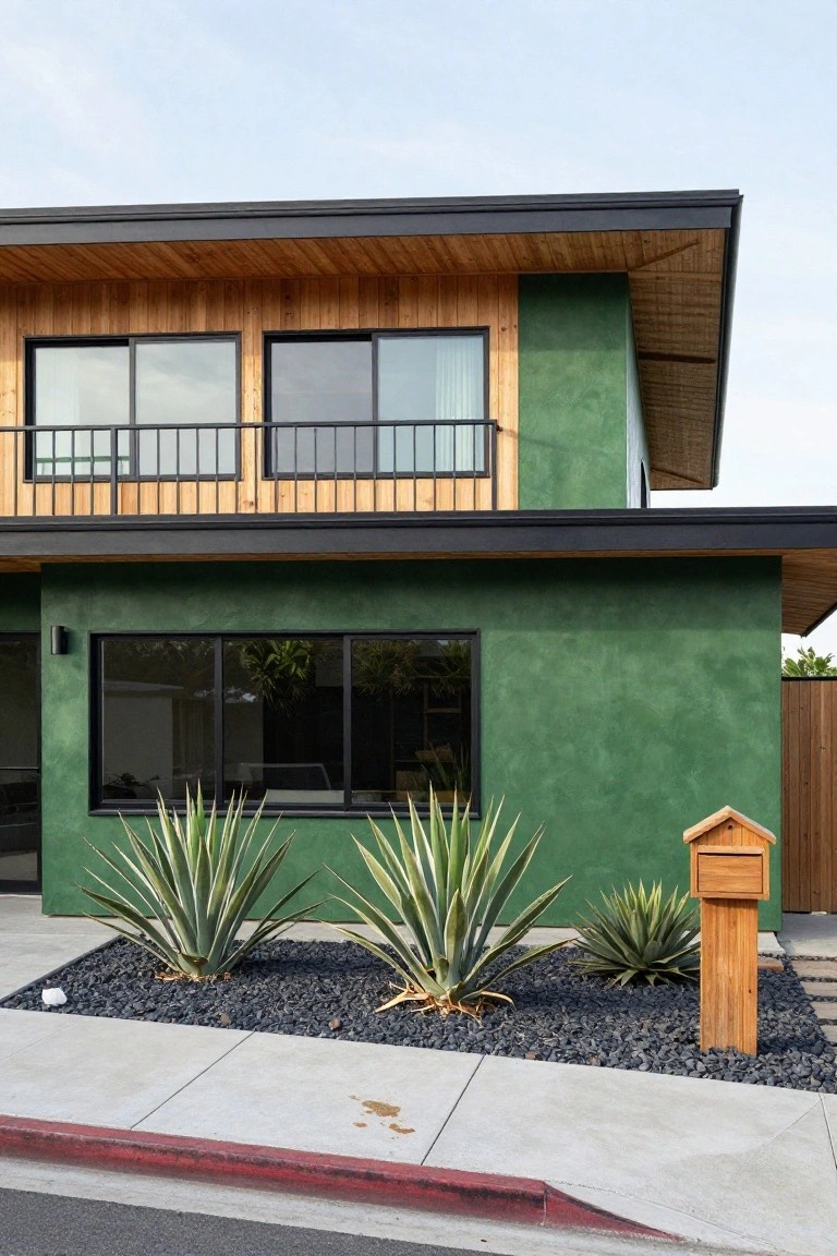 Modern two-story house exterior featuring textured jungle green stucco walls, warm wood cladding on the upper level, large black-framed sliding windows, agave plants in a black gravel bed, wooden mailbox post, and concrete sidewalk with red curb.