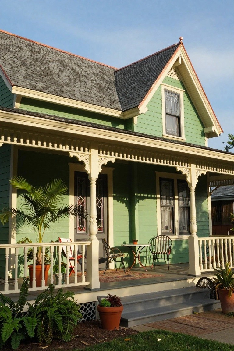 A two-story seafoam green Victorian house with gray shingle roof, white trim, ornate wraparound porch with furniture and potted plants, palm trees, and front steps.