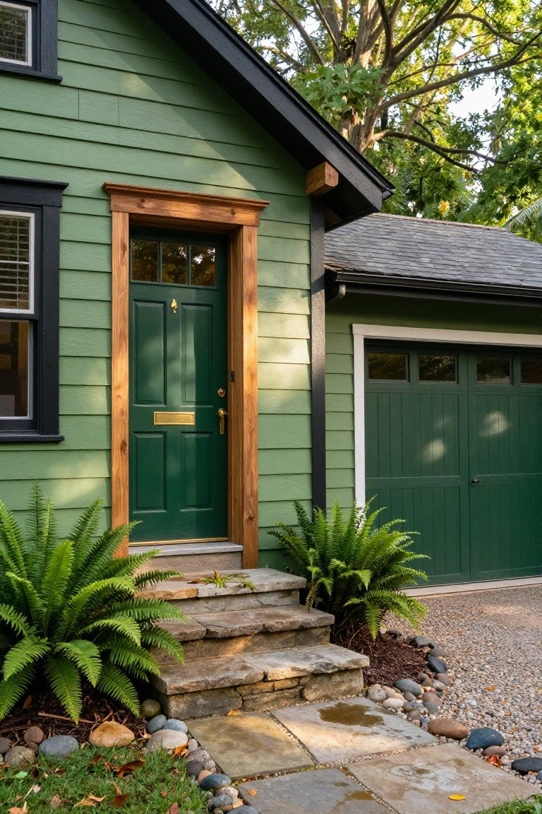 Green clapboard house exterior with dark green front door in wooden frame, brass knocker and mail slot, stone steps flanked by ferns, matching green garage door, gravel landscaping with rocks, and trees in background.