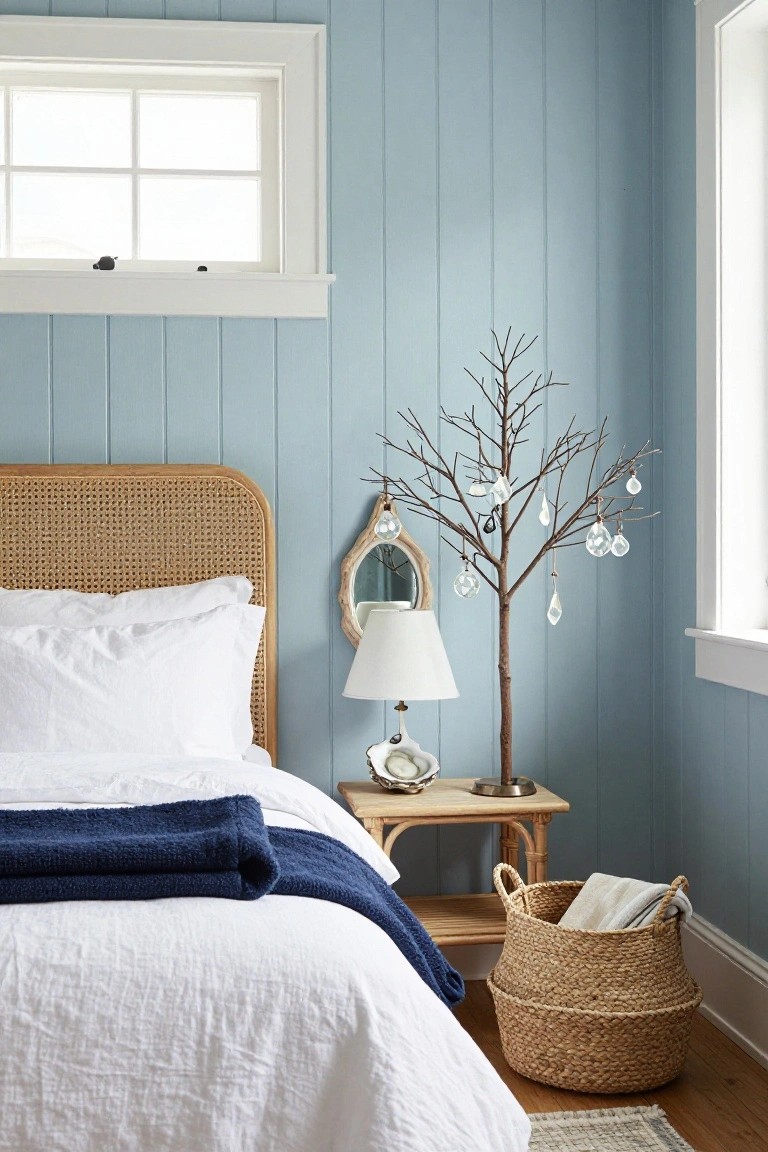 Light blue shiplap paneled bedroom corner with rattan headboard bed dressed in white linens and navy throw, wooden nightstand with white lamp and tall branch tree hung with clear glass ornaments, wicker basket on wood floor.