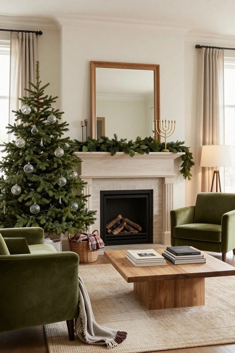 Living room with a Christmas tree decorated in clear glass ornaments positioned next to a fireplace mantel draped in evergreen garland, flanked by two green velvet armchairs, a wooden coffee table, and neutral rug.