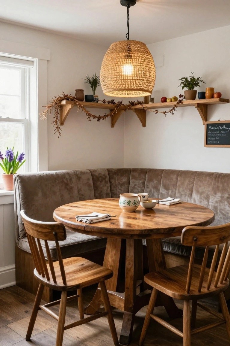 Corner banquette booth with brown tufted velvet upholstery around a round wooden pedestal table and two wooden chairs, under a rattan pendant light with plants, shelves, and hyacinths on a windowsill in a white-walled kitchen nook.
