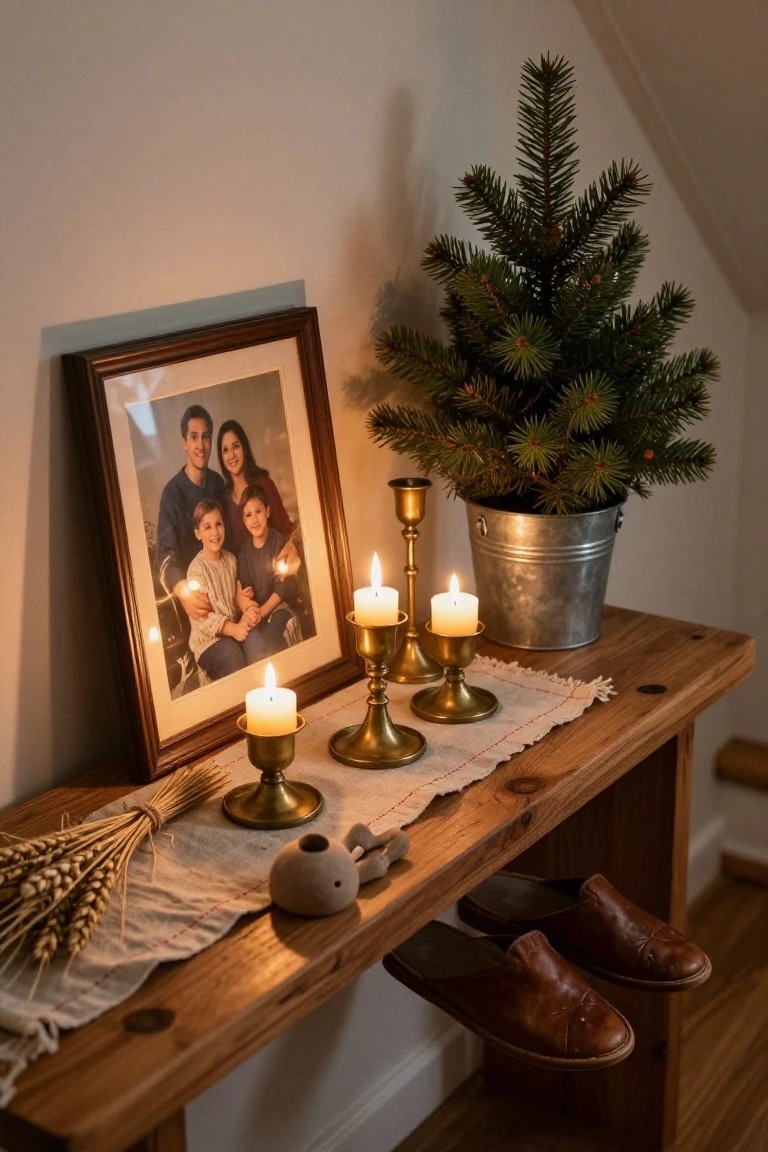 Wooden console table against a white wall holds a framed family photo, brass candelabras with lit candles, wheat bundles, small Christmas tree in metal bucket, ceramic animal figure, and leather slippers nearby.