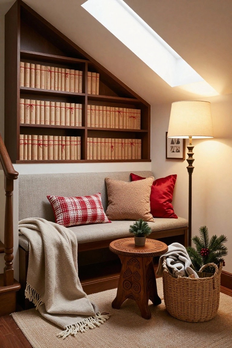 Cozy indoor nook under sloped ceiling with built-in wooden bookshelves holding ribbon-tied books, gray bench with red plaid pillow, peach pillows, beige throw blanket, wooden stool with plant, basket of fir branches and berries, floor lamp, skylight above, stairs nearby.