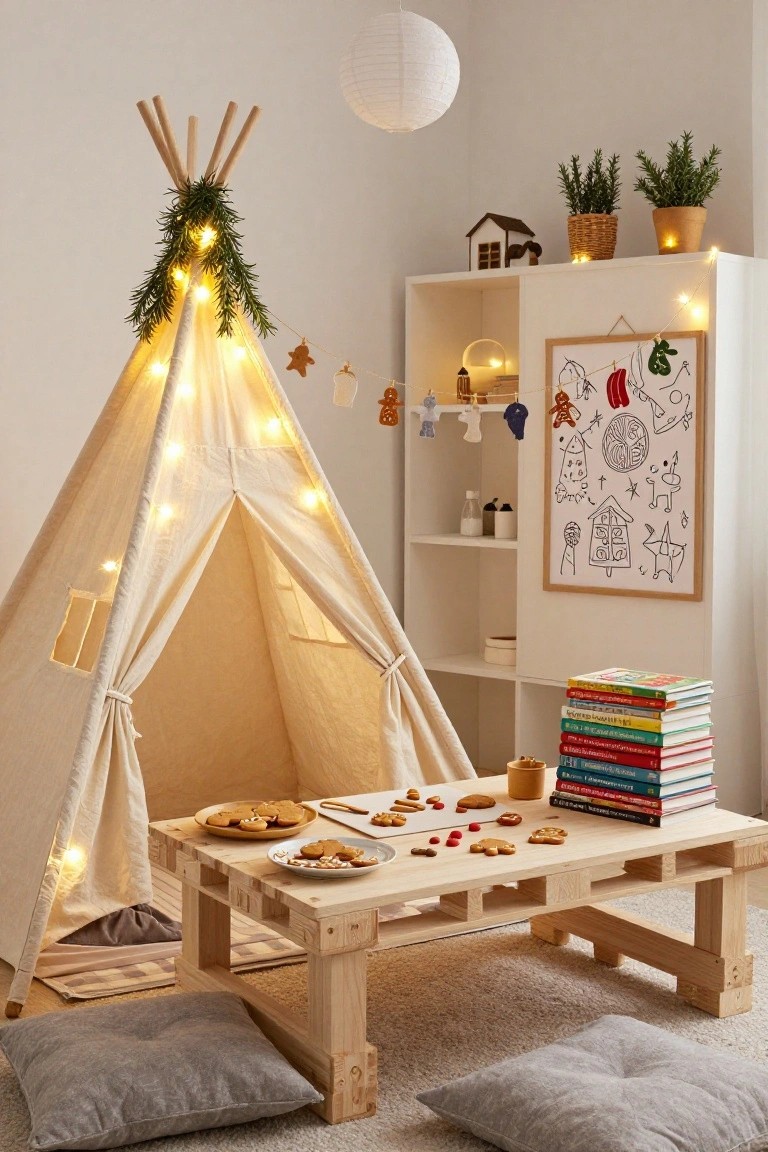 Beige canvas teepee tent with fairy lights and fir branches on top in a light room, next to a pallet coffee table with stacked children's books, gingerbread cookies on plates, and gray floor cushions.