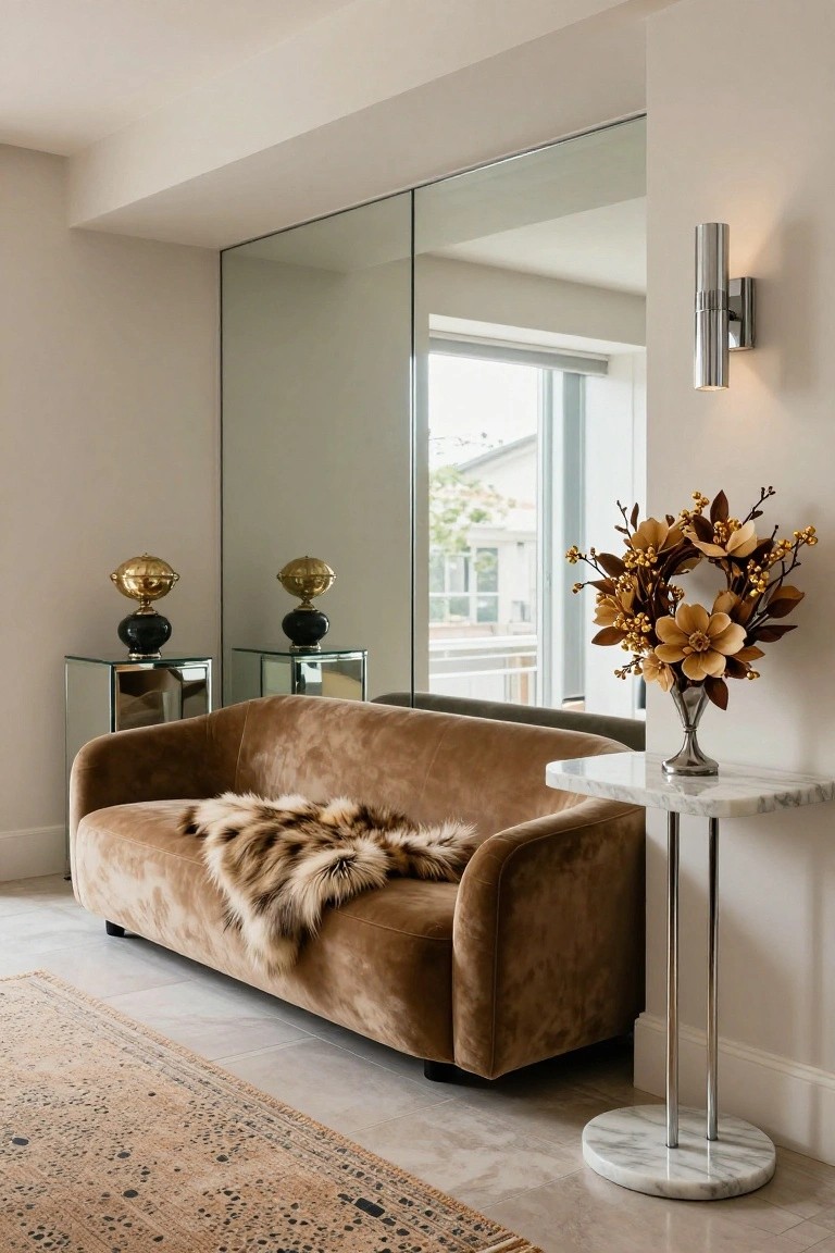 Curved taupe velvet sofa with brown fur throw in a light neutral room, next to a white marble pedestal table, mirrored glass consoles holding gold and black vases, large wall of mirrors, vertical fall wreath on wall, and slim wall sconce.
