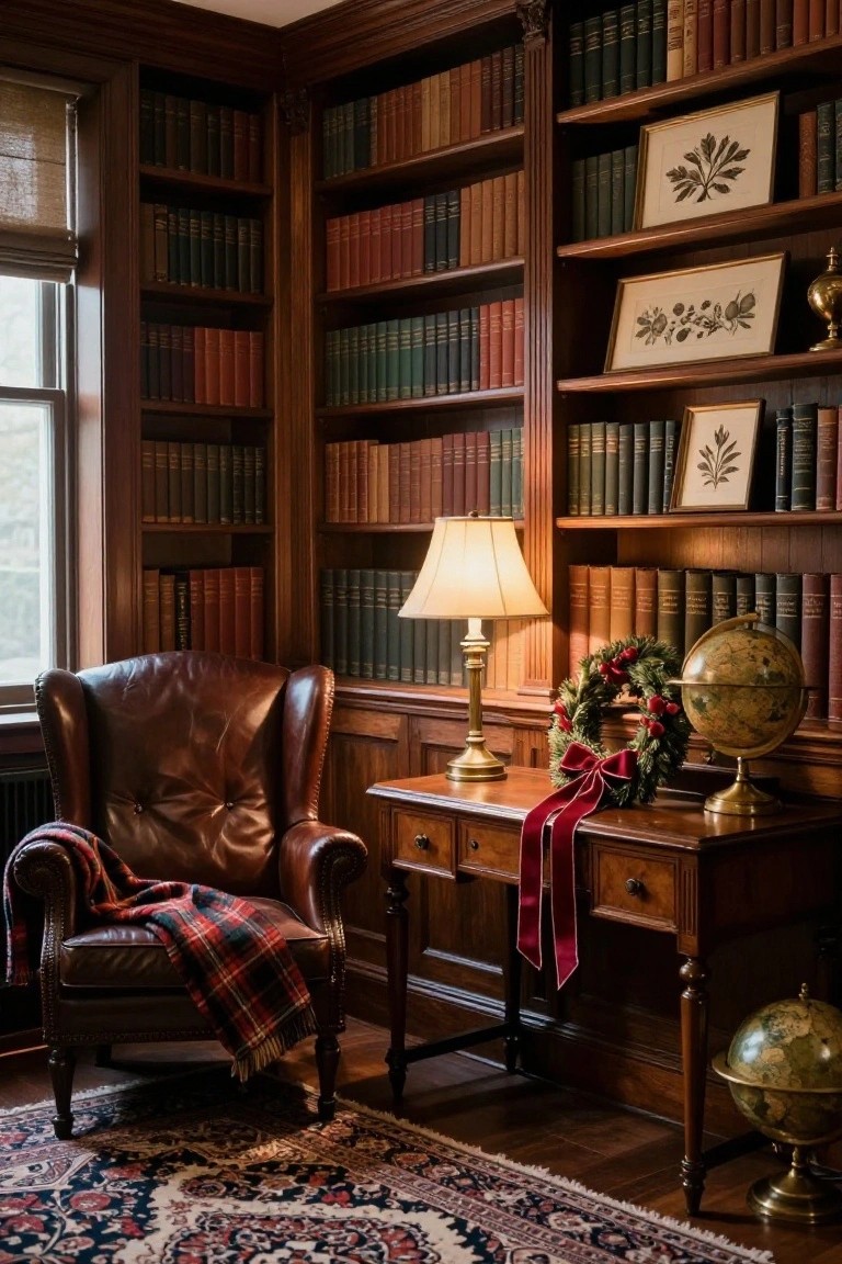 Wood-paneled library corner with tall bookshelves filled with books, brown leather wingback armchair draped with red plaid blanket, wooden desk holding brass lamp, Christmas wreath with red ribbon, and antique globe on a patterned rug.