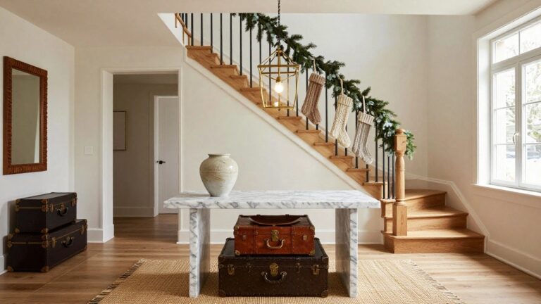 23 Luxury Christmas Decor Ideas That Look Straight Out of a Magazine White interior staircase with oak treads and black metal balusters wrapped in evergreen garland and eucalyptus, with three knit stockings in gray, cream, and burgundy hanging from the railing, beside a wood console table with suitcases, a white vase, and oval mirror.