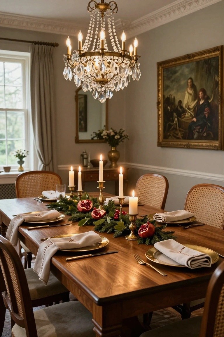 Dining room with wooden table set for Christmas, featuring lengthwise garland of greenery, pomegranates, berries, and white taper candles in brass holders, gold-rimmed plates with linen napkins, rattan chairs, and crystal chandelier overhead.