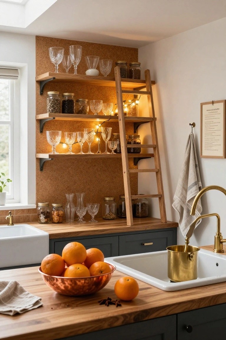 Kitchen interior with wooden ladder shelves against cork wall holding glass jars, spices, and glassware, string lights draped on shelves, farmhouse sink with oranges in copper bowl and gold faucet.
