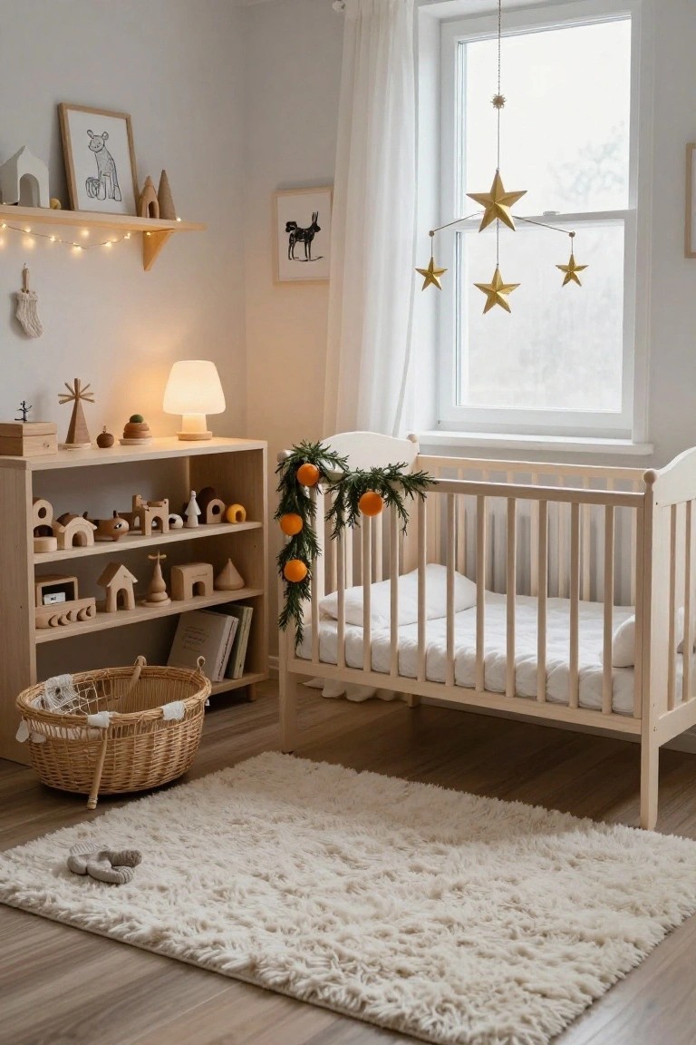 Light nursery room with wooden crib draped in fir branches and oranges, wooden toy shelves, fairy lights on a wall shelf, table lamp, and fluffy white rug on light wood floor.