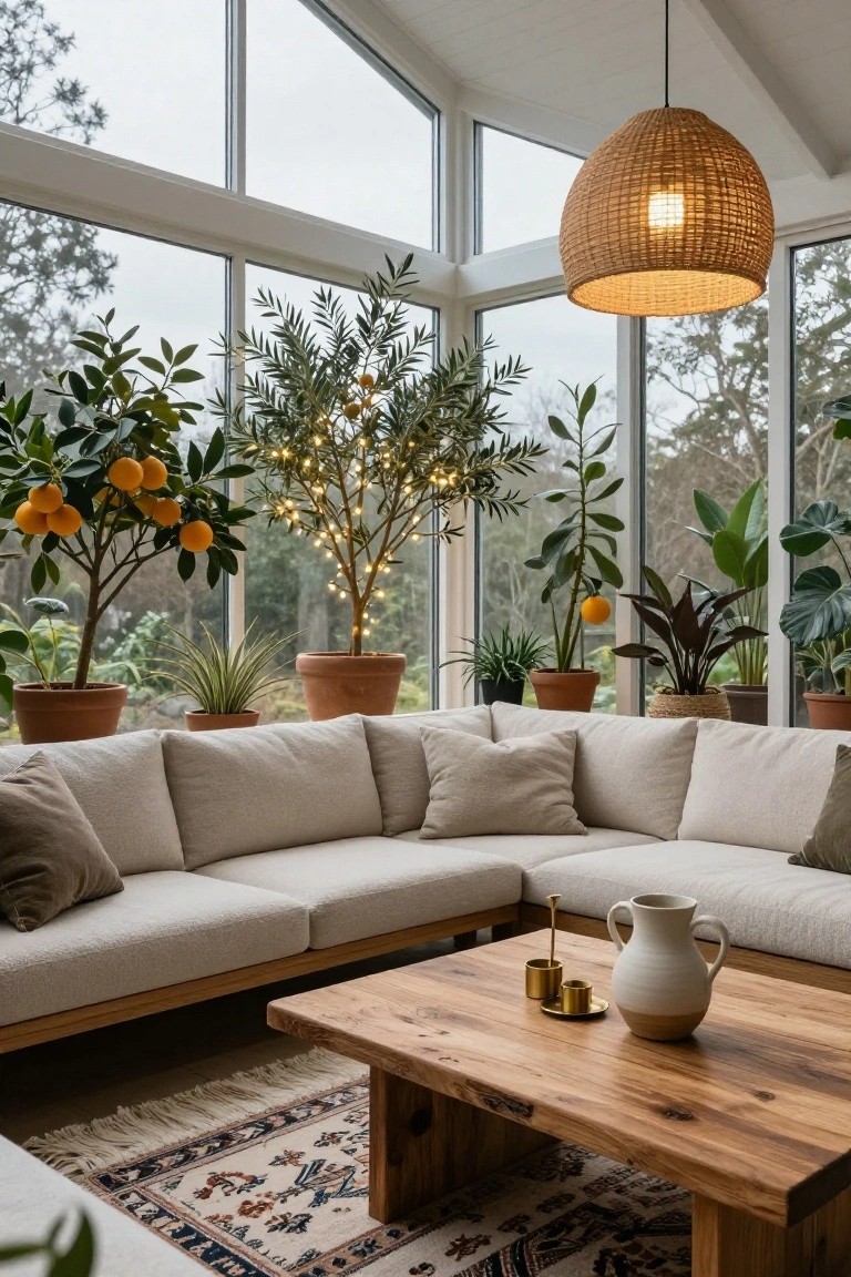 Sunroom with large angled windows, potted orange trees and fairy-lit olive tree, beige L-shaped sofa, wooden coffee table with vase and candles, terracotta pots, and patterned rug.