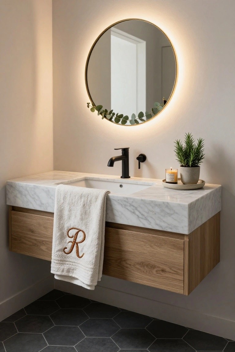 Modern bathroom featuring a floating vanity with white marble countertop, oak wood cabinets, integrated white sink, black matte faucet, round gold-framed backlit mirror draped with eucalyptus leaves, monogrammed white towel, potted rosemary plant, ceramic candle on a saucer, and dark hexagonal floor tiles.