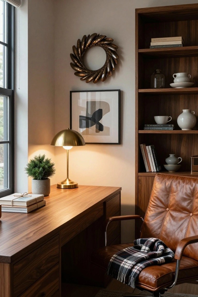 Home office corner featuring a wooden desk with wrapped books, potted mini fir tree, gold desk lamp, tan leather chair draped with plaid blanket, bookshelf with ceramics and books, abstract wall art, and gold leaf wreath.