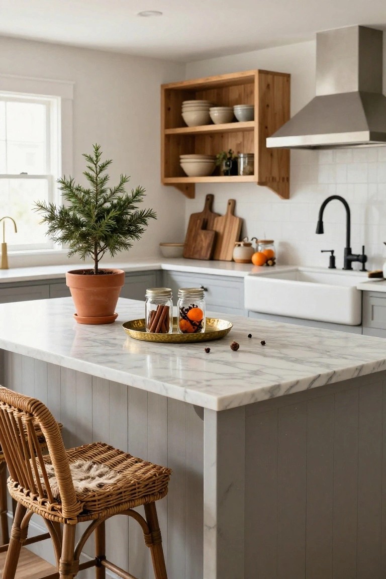 Kitchen island with white marble countertop holding a small potted Christmas tree in terracotta pot, jars of cinnamon sticks and cloves, gold tray with oranges, and a rattan stool nearby, in a gray kitchen with wood shelves and white cabinets.