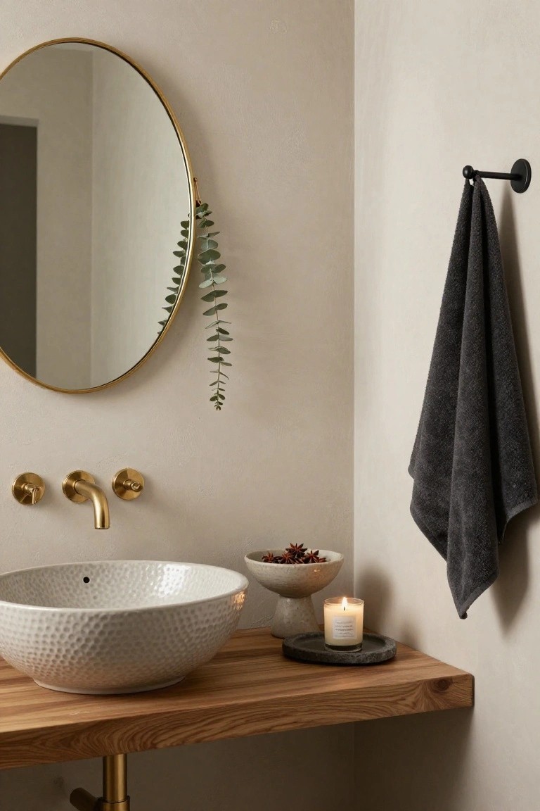 Bathroom vanity with textured white sink on wooden shelf, gold faucets and round mirror, eucalyptus draped over mirror edge, gray towel on black wall hook, white bowl of star anise, lit glass candle on black stone saucer, and gold pipe under shelf against beige walls.