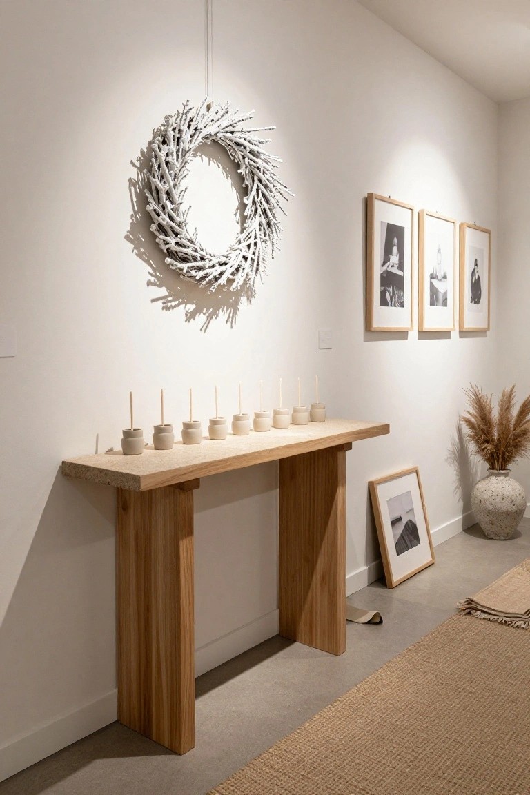White interior wall with a large hanging wreath of bleached twigs above a light wooden console table holding several small ceramic pots with upright wicks, nearby framed black-and-white photos, pampas grass in a textured vase, leaning frame, and seagrass rug on concrete floor.