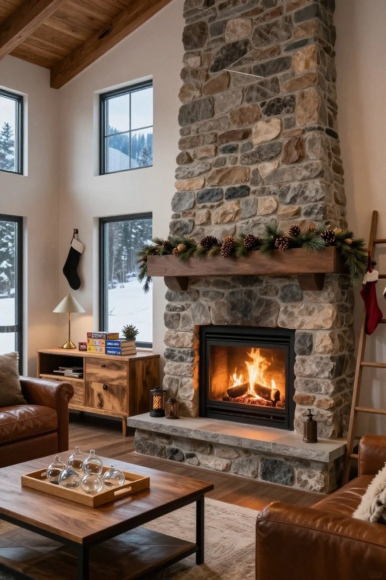 A living room with a tall stacked stone fireplace burning brightly, wooden mantel decorated with pine garland and pinecones, leather sofas and coffee table nearby, and large windows showing snowy mountains outside.
