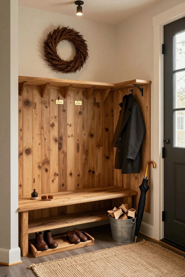 Wood-paneled entryway corner with built-in bench and shelf, coat hooks holding jackets, shoes in a tray, umbrella, firewood bucket, small bottles and soap dish on bench, wheat wreath on wall, and dark glass door.