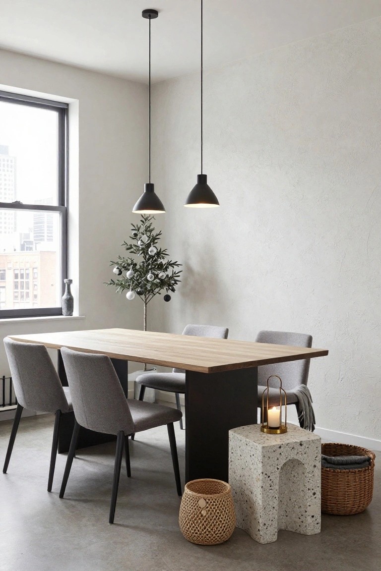 Modern dining room with light wood rectangular table, four gray upholstered chairs with black legs, two black cone pendant lights overhead, small potted olive tree decorated with white and black ball ornaments in corner, concrete side table holding gold lantern with candle and two woven baskets, polished concrete floor, large black-framed window showing city view.