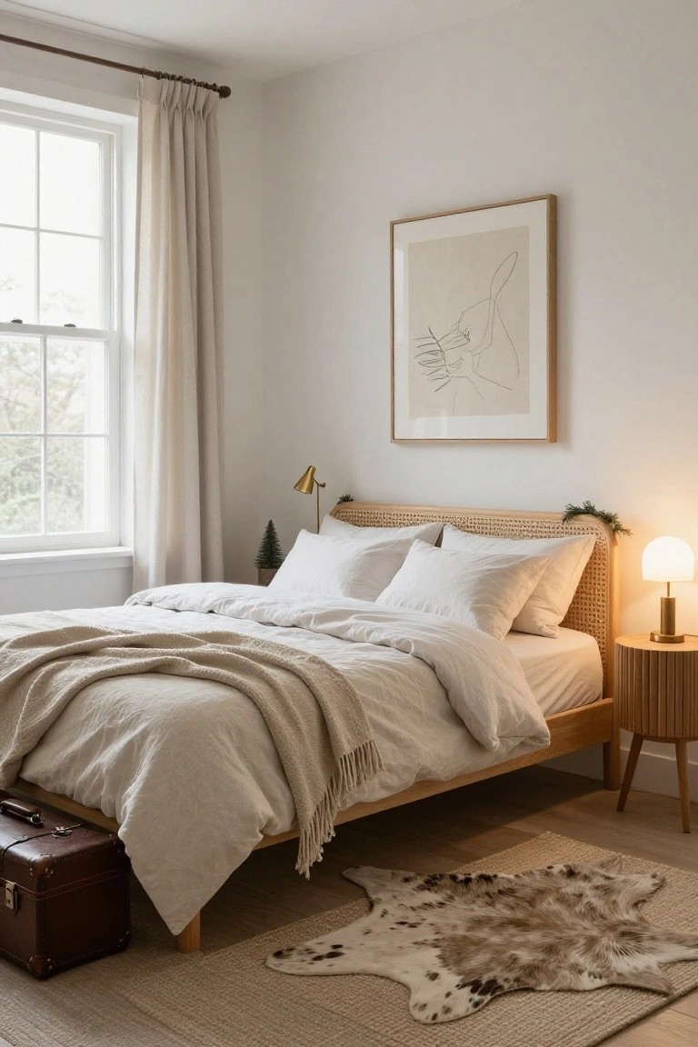 Rattan headboard bed with white pillows and duvet draped in light gray throw, two small potted Christmas trees and garland on headboard shelf, gold lamps on wooden side table, cowhide rug on wood floor, sheer curtains on window, abstract line drawing artwork on wall