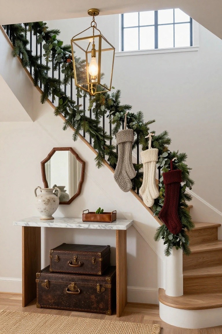 White interior staircase with oak treads and black metal balusters wrapped in evergreen garland and eucalyptus, with three knit stockings in gray, cream, and burgundy hanging from the railing, beside a wood console table with suitcases, a white vase, and oval mirror.