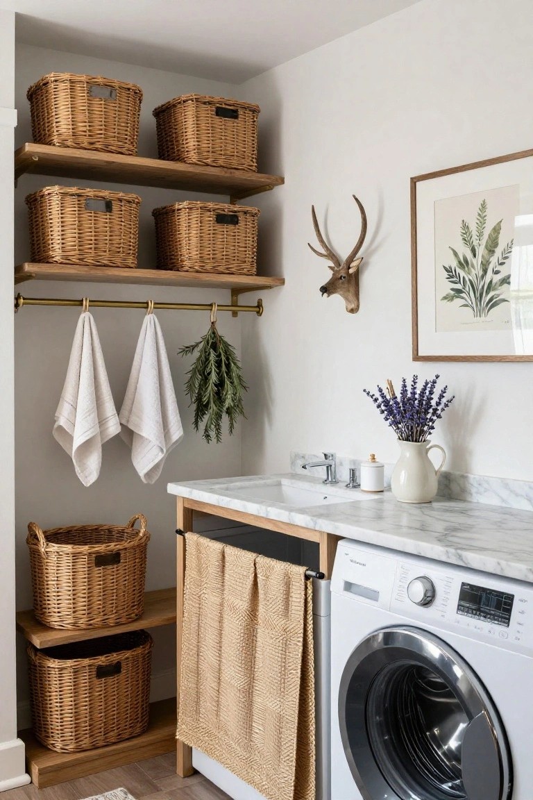 Cozy laundry room interior with multiple woven wicker baskets on wooden shelves, white towels and dried herbs hanging from brass rods, a bouquet of lavender on a marble countertop above a white washer, a mounted deer antler, and botanical artwork on the wall.