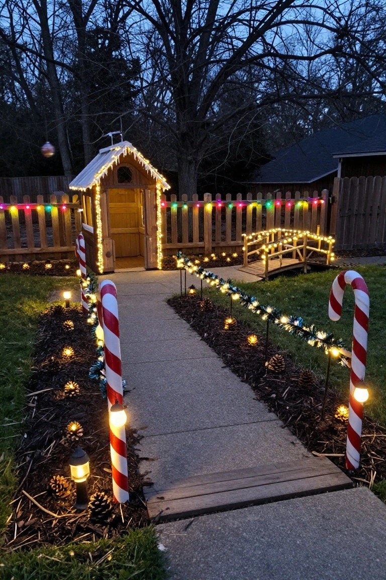 Small wooden shed decorated like a gingerbread house with icicle lights on the roof and door, concrete pathway lined with large red-and-white candy cane stakes wrapped in string lights, wooden bridge nearby, colorful lights on wooden fence, mulch beds with pine cones and solar lanterns in backyard at dusk.
