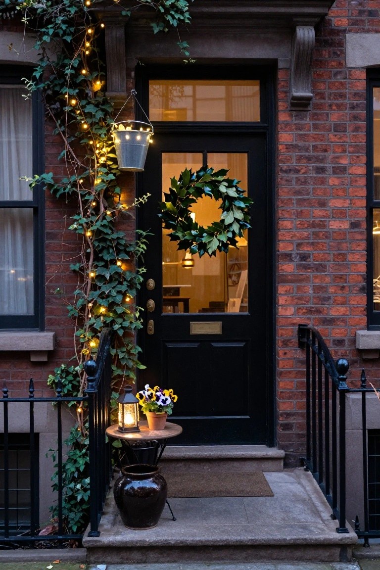 Brick townhouse entrance at dusk with black front door, evergreen wreath, ivy vines wrapped in white string lights climbing the facade and archway, hanging metal bucket lantern, small table with lantern and potted pansies, large vase, and doormat on stone steps.