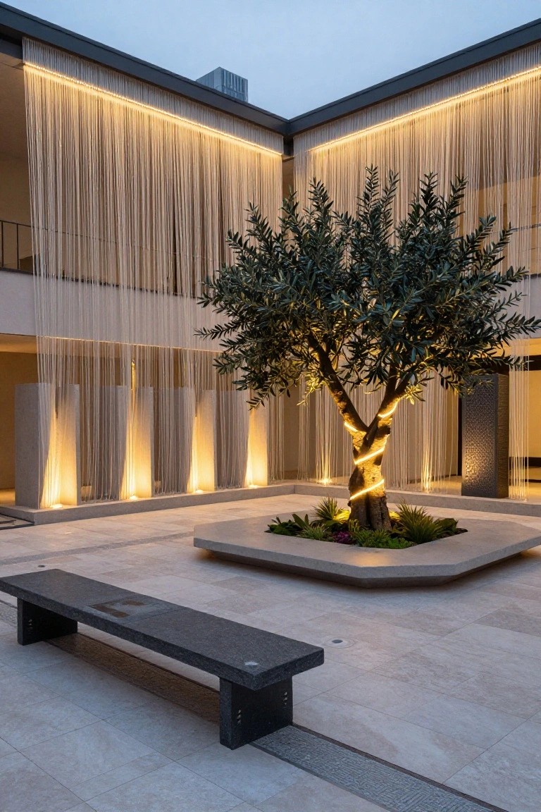 Modern courtyard featuring a central olive tree wrapped in spiraling string lights, surrounded by beige curtain walls, illuminated concrete pillars, low plants in a raised bed, and a long black stone bench on light tiled flooring under evening sky.