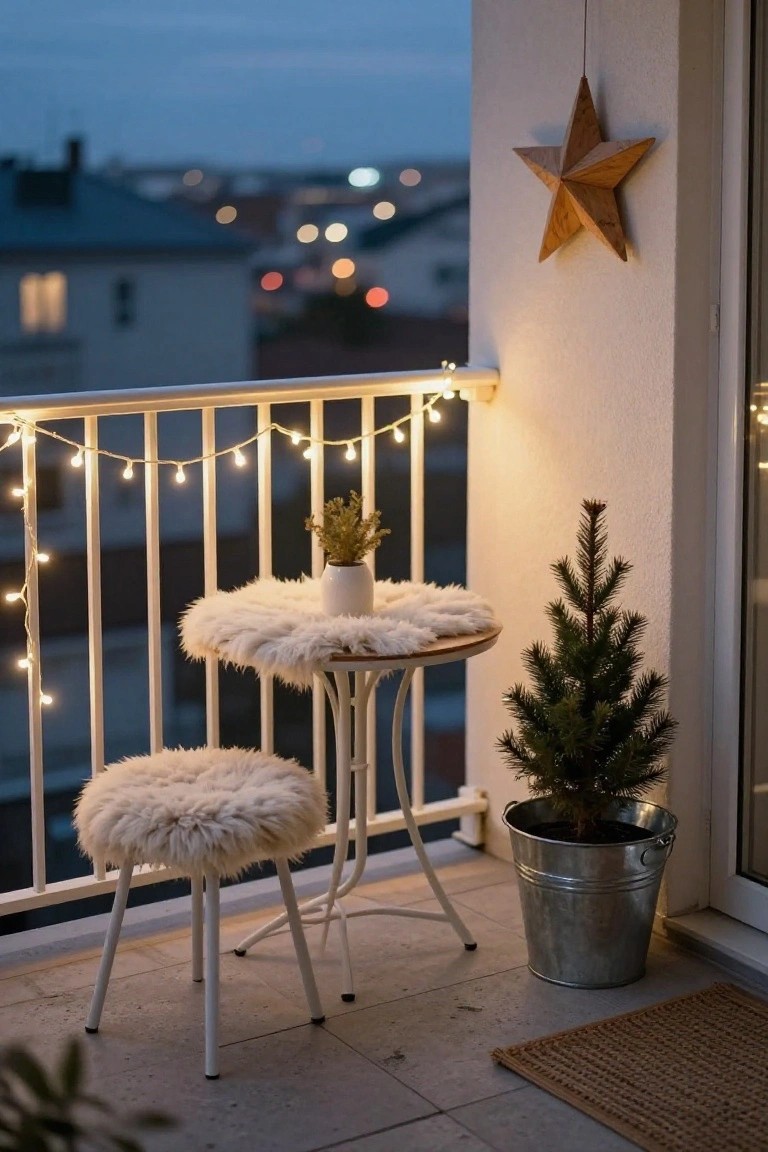 Balcony at dusk with white string fairy lights wrapped around the metal railing, a small round table topped with faux fur and a white vase of dried branches, matching fur stools, a mini potted Christmas tree in a metal bucket, a succulent on the railing, a hanging wooden star, and city lights visible in the background.
