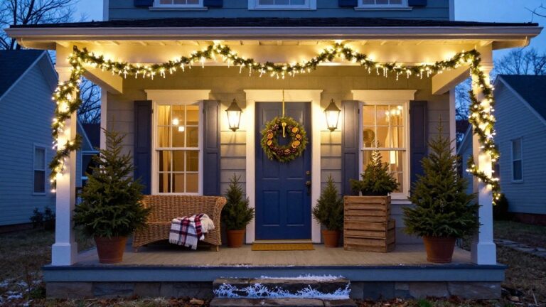 Front porch featuring a blue door with an orange and pine wreath, garlands with string lights wrapped around wooden posts, wall lanterns, small potted Christmas trees, a wicker chair with plaid blanket, and wooden crates on a stone stoop at dusk.