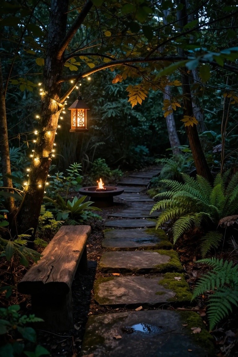 Stone pathway winding through dense green ferns and trees in a garden at twilight, with white string lights wrapped around a tree trunk, a hanging lantern, a lit fire pit, and a wooden bench beside the path.