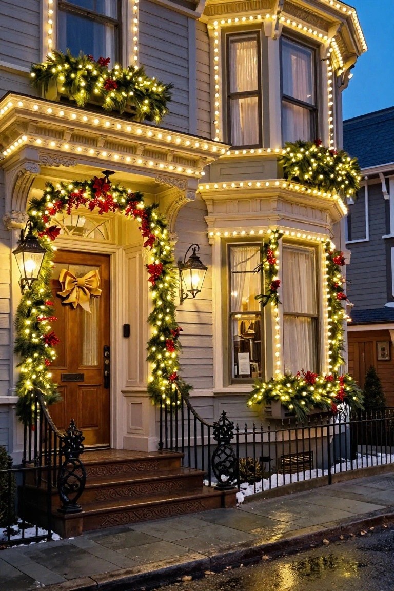 Victorian house exterior at dusk decorated with white string lights outlining windows and edges, green garland arches over the wood front door with a gold bow, red poinsettias, and lanterns on the porch steps and railings.