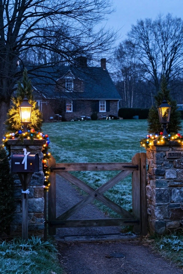 Wooden X-gate between stone pillars topped with lit lanterns, garlands, colored lights, and a mailbox, opening to a path toward a brick house across a frosty field at dusk.