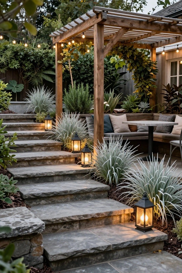 Stone steps flanked by ornamental grasses and lit by several black metal lanterns with glowing bulbs, ascending to a wooden pergola with string lights, bench seating, and surrounding plants.