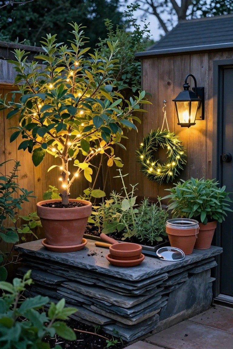 Terracotta pots with a lit lemon tree, herbs, and gardening tools on a stacked stone ledge beside a wooden garden shed door with a hanging lantern and fairy light wreath.