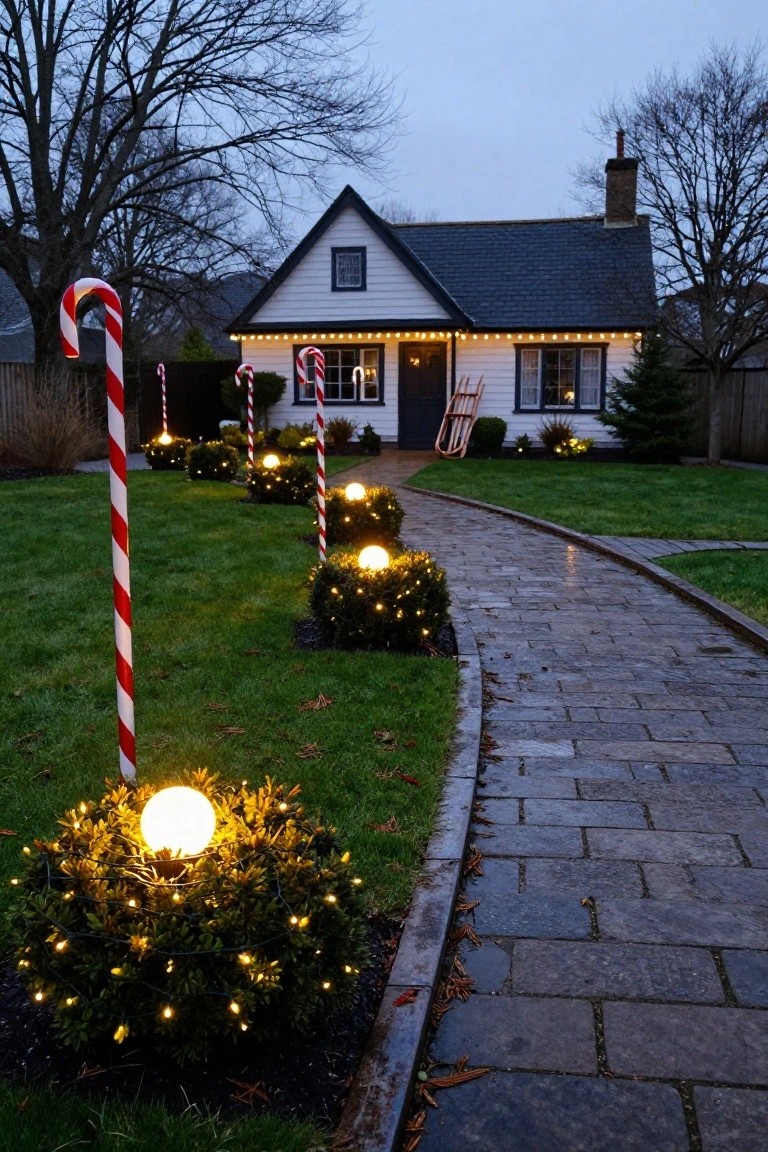 Front yard stone pathway lined with tall red and white candy cane decorations leading to a white house with dark trim and string lights, flanked by lighted evergreen shrubs at dusk.