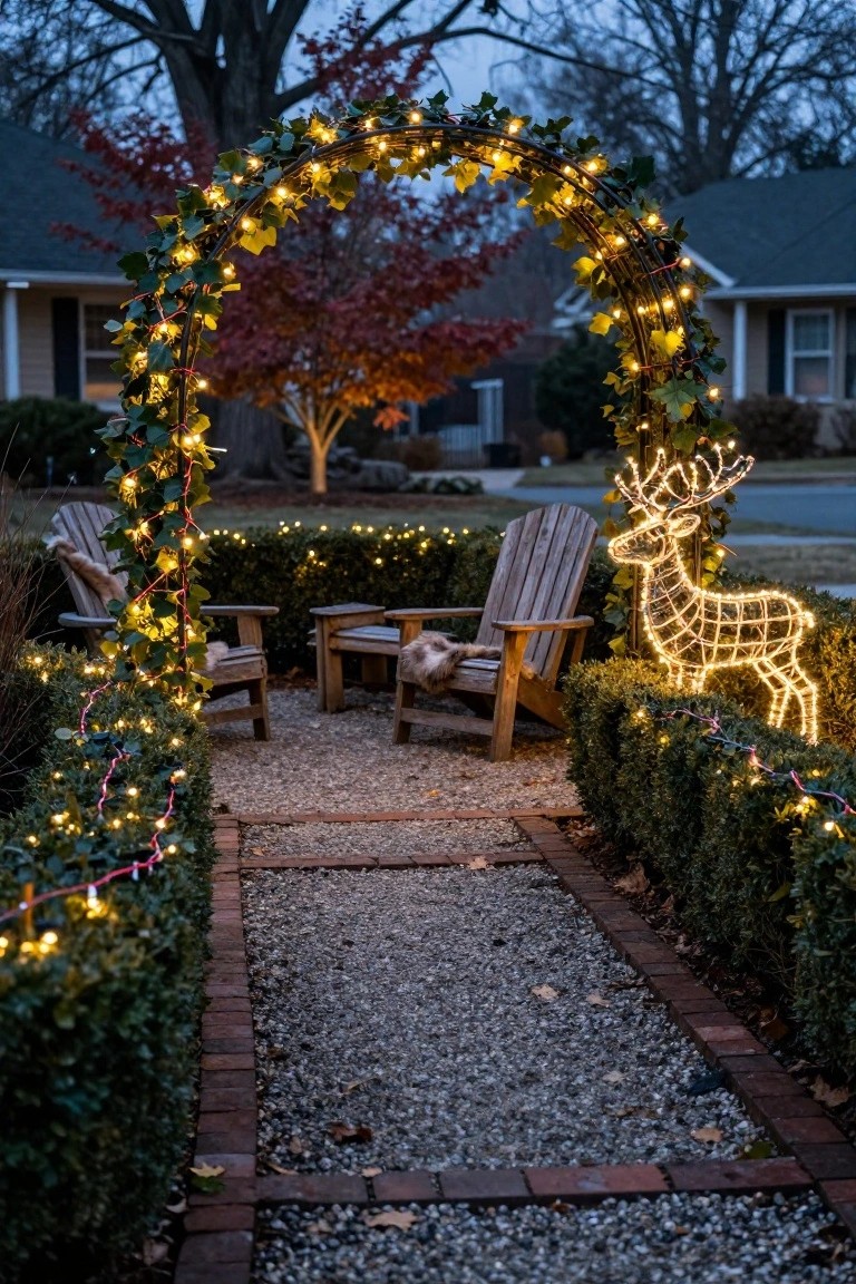 Gravel pathway with brick edging and lit hedges leads under an ivy-draped metal arch strung with lights to two Adirondack chairs next to a glowing wireframe deer sculpture in a front yard at dusk.
