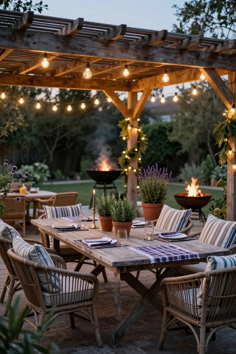Wooden pergola covered in string lights and evergreen garlands over an outdoor dining table set with striped cushions on rattan chairs, potted plants, candles, and a fire pit nearby in a garden at dusk.