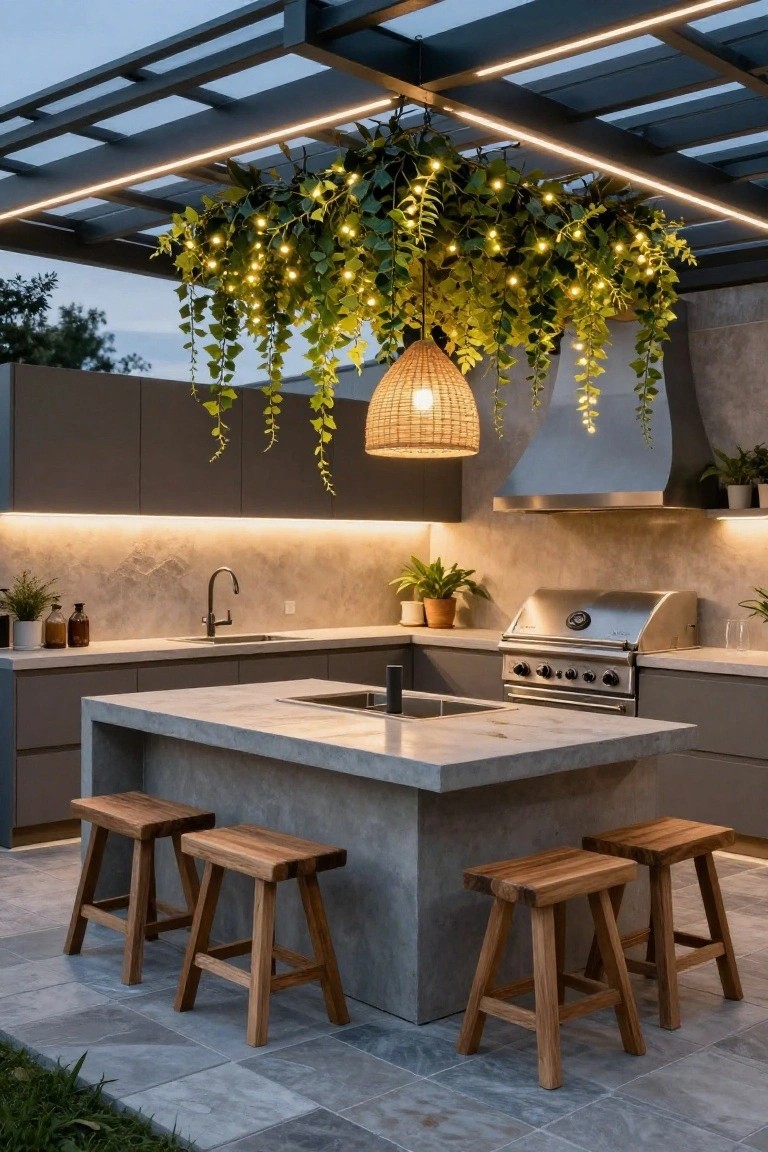 Outdoor kitchen under a dark metal pergola with hanging ivy and fairy lights, concrete island with wooden stools, stainless steel grill, sink, and potted plants on a stone tile patio.
