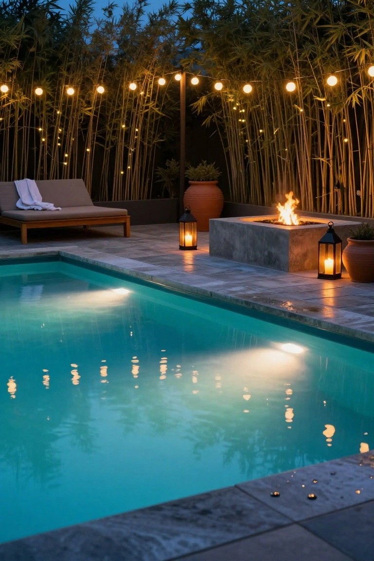 Nighttime view of a lit turquoise pool with globe string lights along bamboo fencing, a square fire pit with flames, lanterns, lounge chair with towel, and potted plants on a tiled patio.