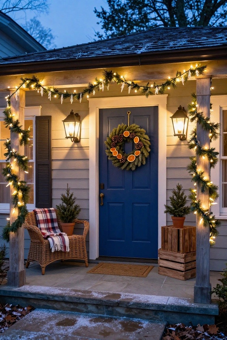Front porch featuring a blue door with an orange and pine wreath, garlands with string lights wrapped around wooden posts, wall lanterns, small potted Christmas trees, a wicker chair with plaid blanket, and wooden crates on a stone stoop at dusk.