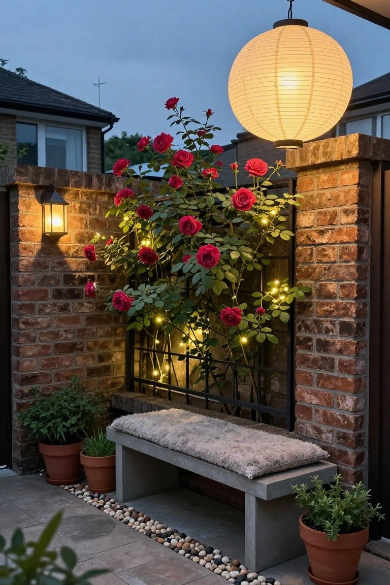Brick wall with climbing red roses on a black metal trellis lit by small white string lights, a hanging white paper lantern overhead, a wall-mounted lantern, concrete bench with sheepskin cushion, potted plants, and gravel path in an outdoor patio at dusk.