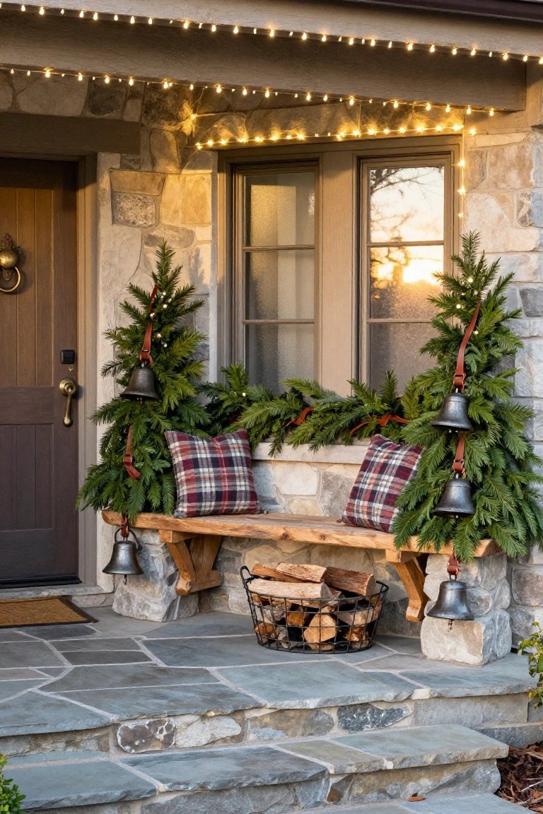 Stone house front porch with dark wood door, flanked by two decorated evergreen trees with hanging bells, plaid pillows on wooden bench, firewood basket, garland on window, and string lights along the roofline and window.